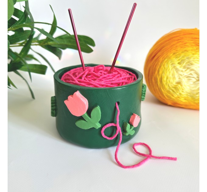 Small crochet yarn holder bowl with pink tulip flowers Knitter gifts