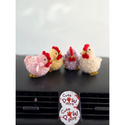 Pastel color chickens with bows and beads car dashboard