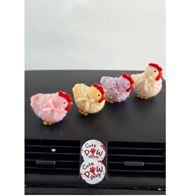 Pastel color chickens with bows and beads car dashboard