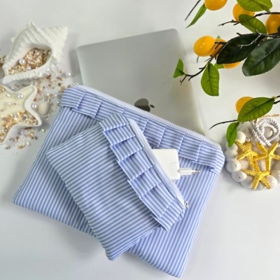 Blue striped laptop sleeve with ruffles