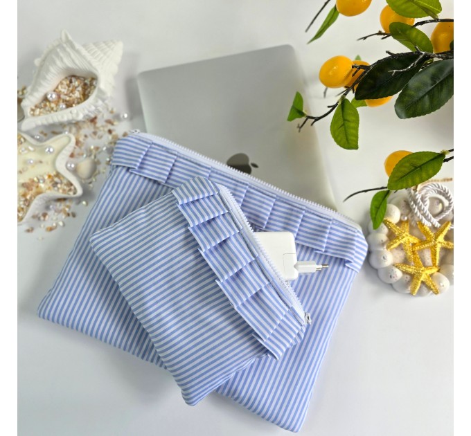 Blue striped laptop sleeve with ruffles