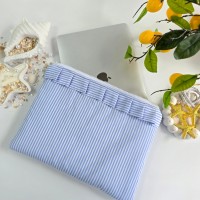 Blue striped laptop sleeve with ruffles