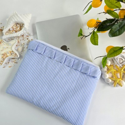 Blue striped laptop sleeve with ruffles