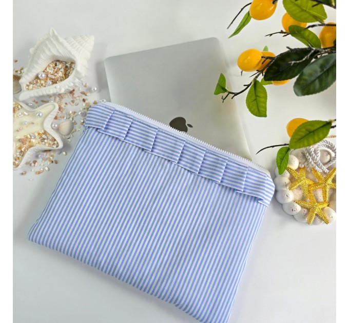Blue striped laptop sleeve with ruffles