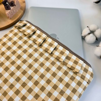 Latte vibe checkered brown laptop sleeve with ruffles