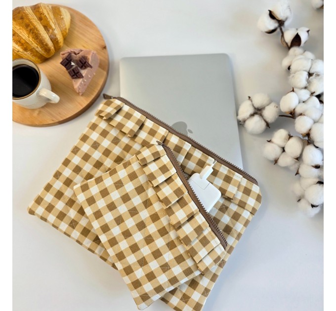 Latte vibe checkered brown laptop sleeve with ruffles