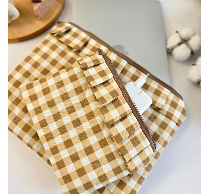 Latte vibe checkered brown laptop sleeve with ruffles