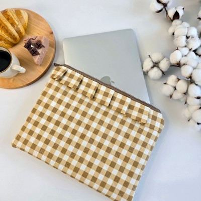 Latte vibe checkered brown laptop sleeve with ruffles