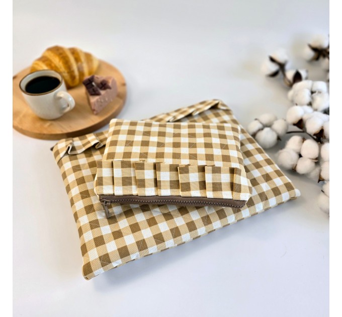 Latte vibe checkered brown laptop sleeve with ruffles