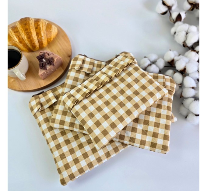 Latte vibe checkered brown laptop sleeve with ruffles