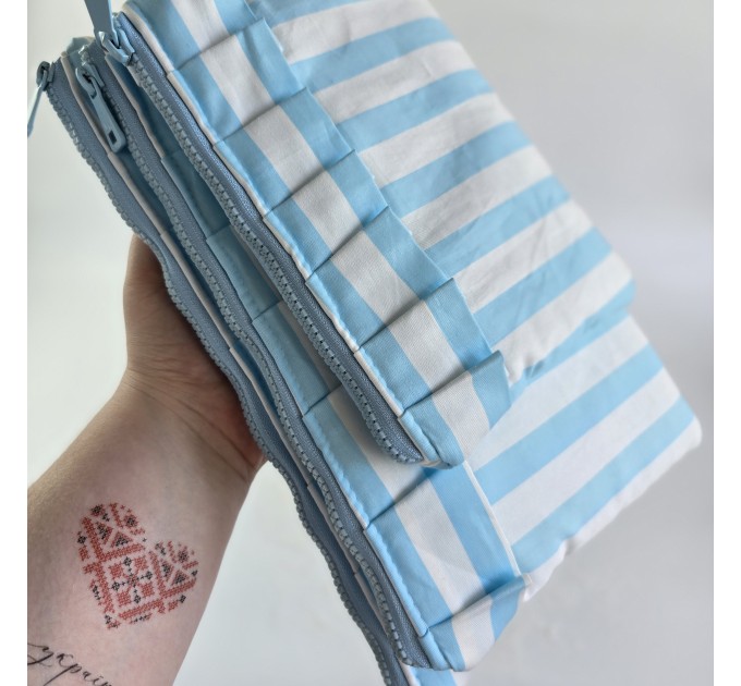 Sky-blue striped laptop sleeve with ruffles
