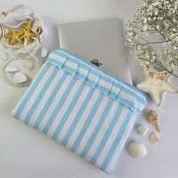 Sky-blue striped laptop sleeve with ruffles