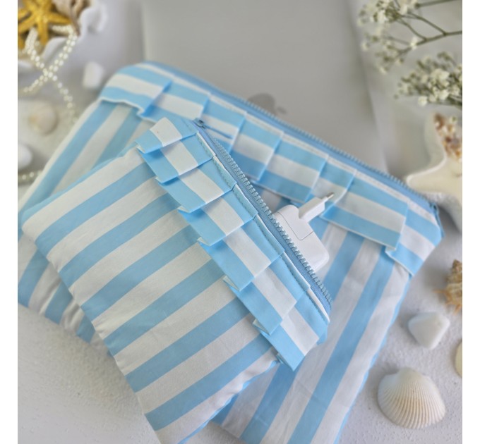 Sky-blue striped laptop sleeve with ruffles