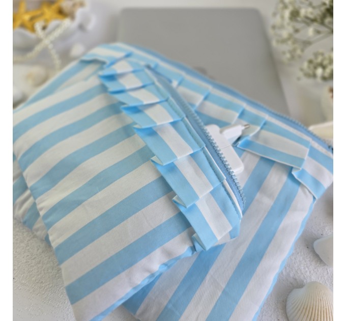 Sky-blue striped laptop sleeve with ruffles