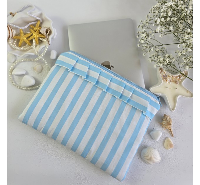 Sky-blue striped laptop sleeve with ruffles