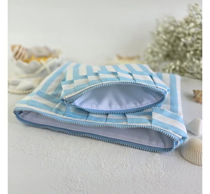 Sky-blue striped laptop sleeve with ruffles
