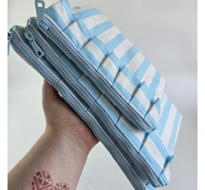 Sky-blue striped laptop sleeve with ruffles