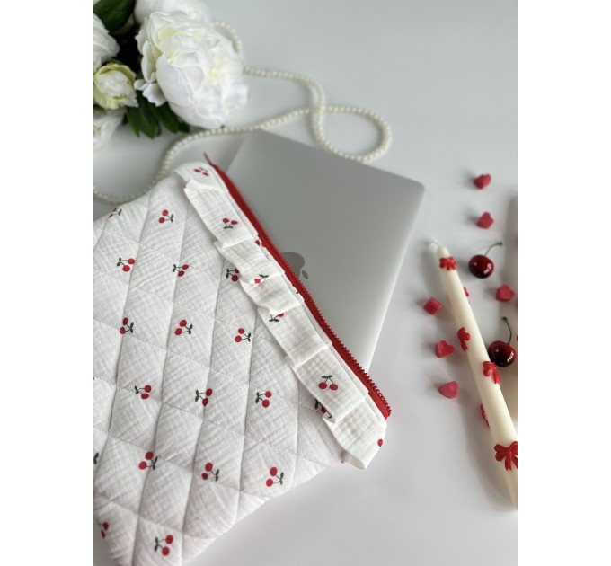 Cherry print laptop sleeve with ruffles