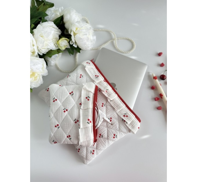 Cherry print laptop sleeve with ruffles