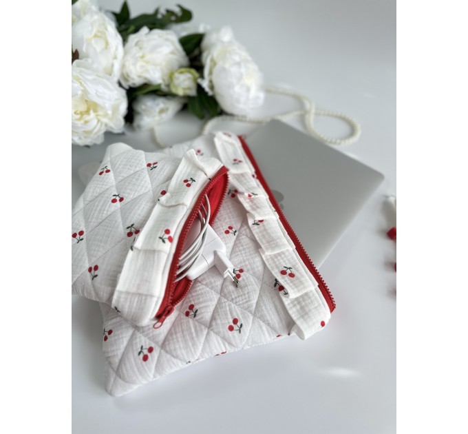 Cherry print laptop sleeve with ruffles