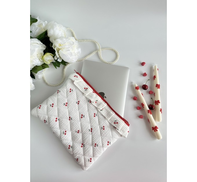 Cherry print laptop sleeve with ruffles