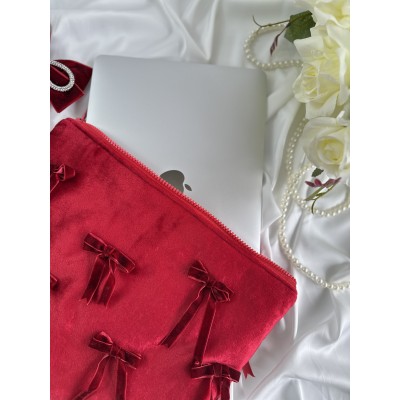 Red velvet laptop sleeve with bows
