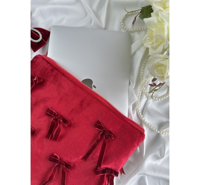 Red velvet laptop sleeve with bows