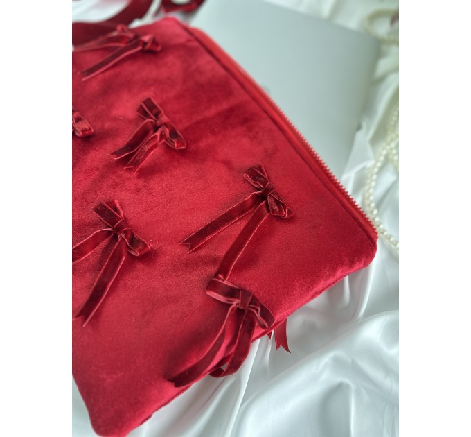 Red velvet laptop sleeve with bows