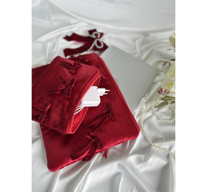 Red velvet laptop sleeve with bows