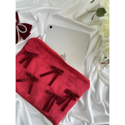 Red velvet tablet sleeve with bows