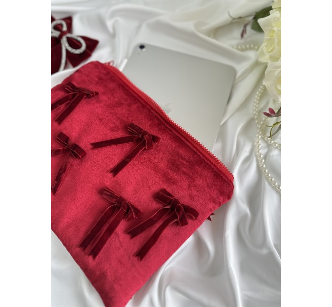 Red velvet tablet sleeve with bows