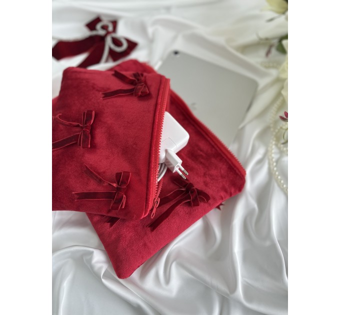 Red velvet tablet sleeve with bows