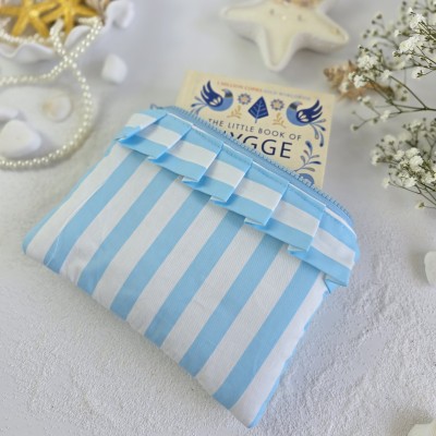 Sky-blue striped E-reader sleeve with ruffles