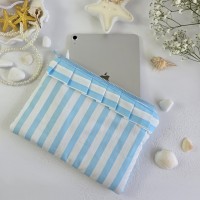 Sky-blue striped tablet sleeve with ruffles