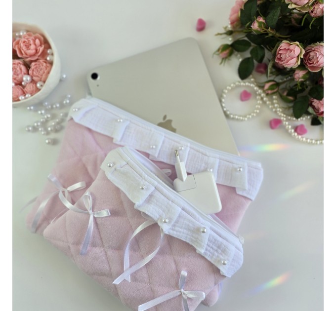 Soft pink tablet sleeve with ruffles, bows and pearl-like beads