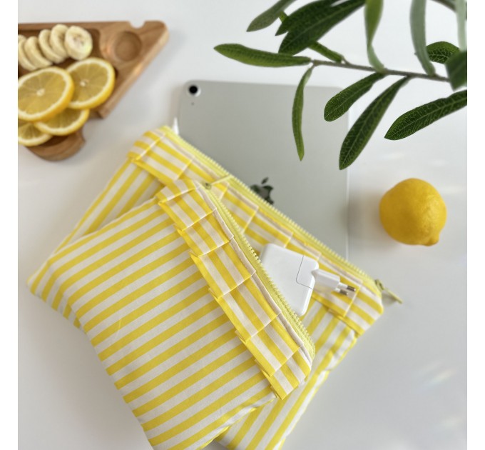 Yellow striped tablet sleeve with ruffles