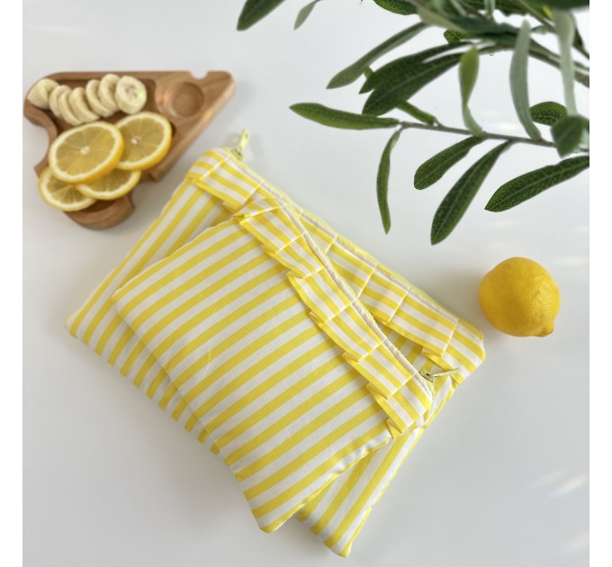 Yellow striped tablet sleeve with ruffles