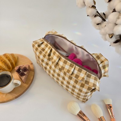 Large checkered brown cosmetic bag with ruffles