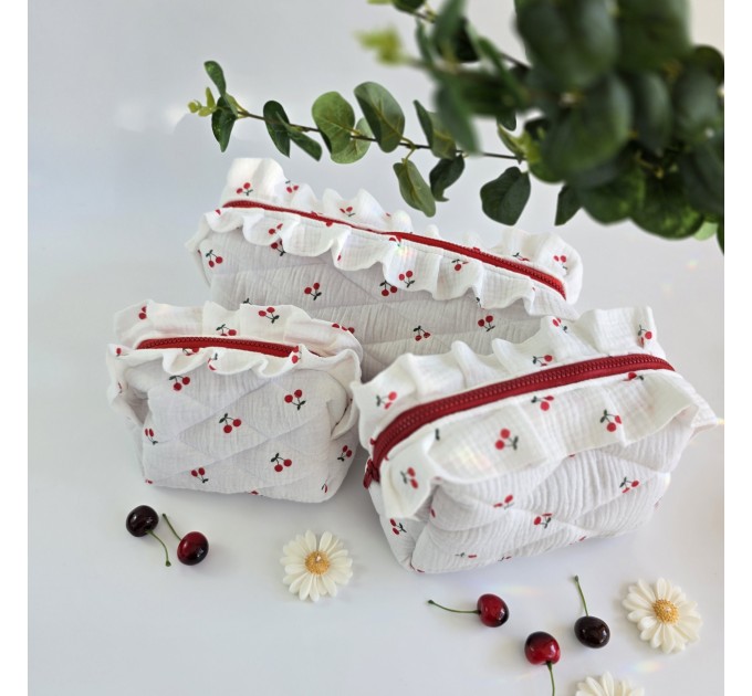 Large cherries cosmetic bag with ruffles