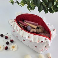 Large cherries cosmetic bag with ruffles