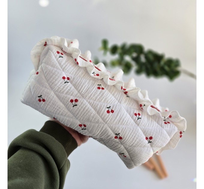 Large cherries cosmetic bag with ruffles