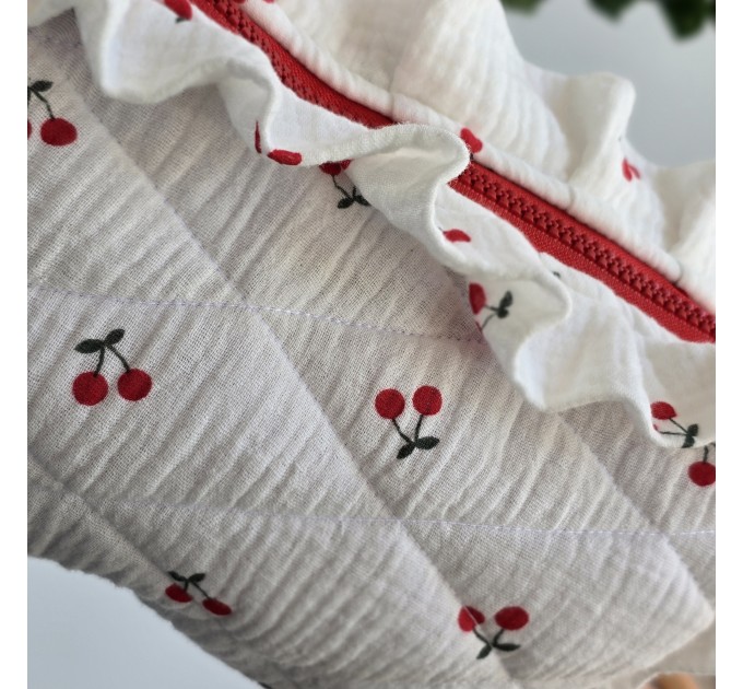 Large cherries cosmetic bag with ruffles