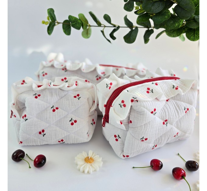 Large cherries cosmetic bag with ruffles