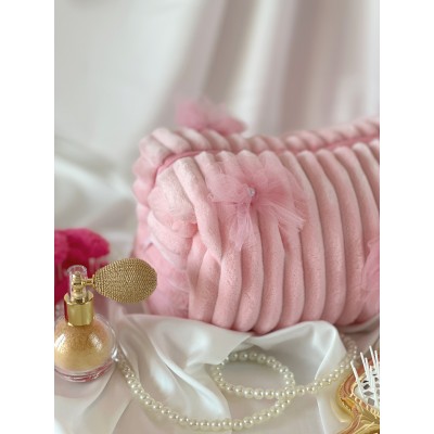 Large pink plush cosmetic bag with bows