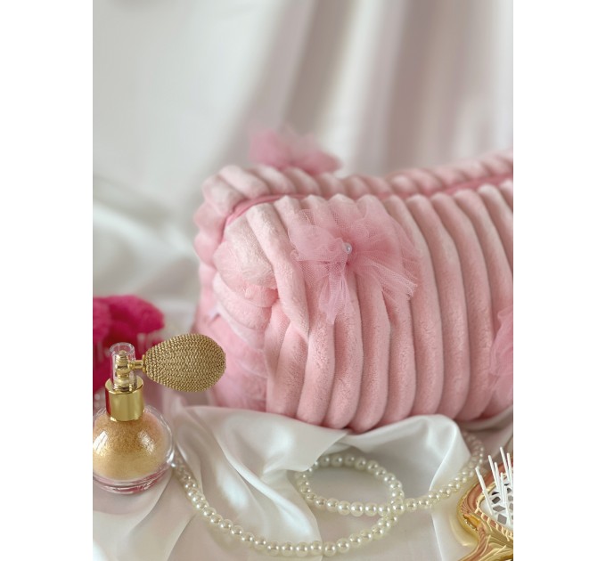 Large pink plush cosmetic bag with bows