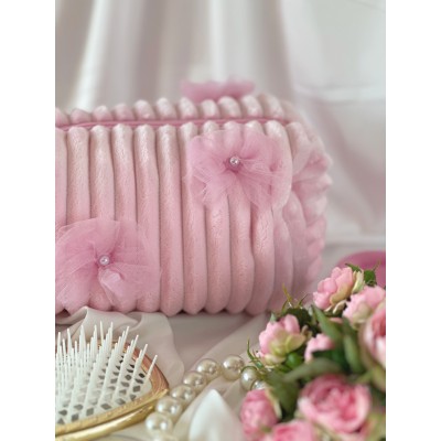 Large pink plush cosmetic bag with bows