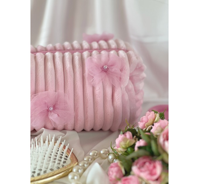 Large pink plush cosmetic bag with bows