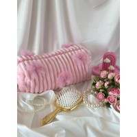 Large pink plush cosmetic bag with bows