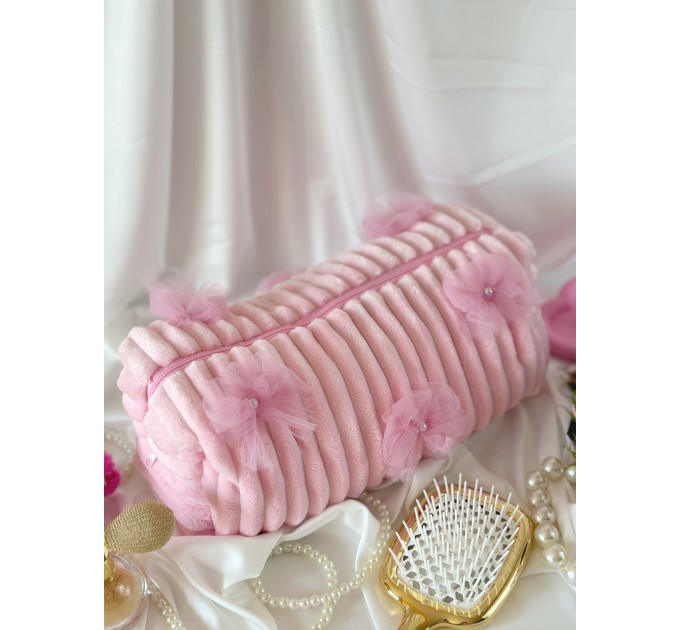 Large pink plush cosmetic bag with bows