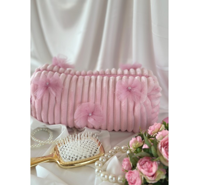 Large pink plush cosmetic bag with bows